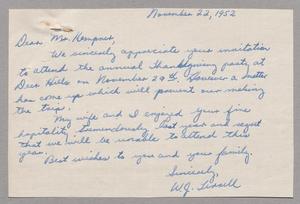 [Handwritten Letter from W. J. Terrell to Daniel W. Kempner, November 22, 1952]