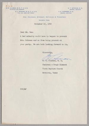 [Letter from S. D. Coleman to D. W. Kempner, November 17, 1952]