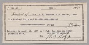[Receipt for Amount Received by Mrs. D. W. Kempner, May 1959]