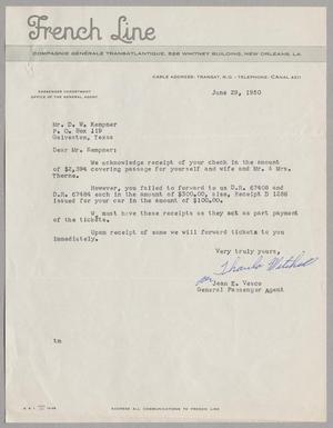 [Letter from French Line to Daniel W. Kempner, June 29, 1950]