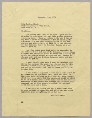 [Letter from Daniel W. Kempner to the Ritz-Carlton Hotel, November 3, 1950]
