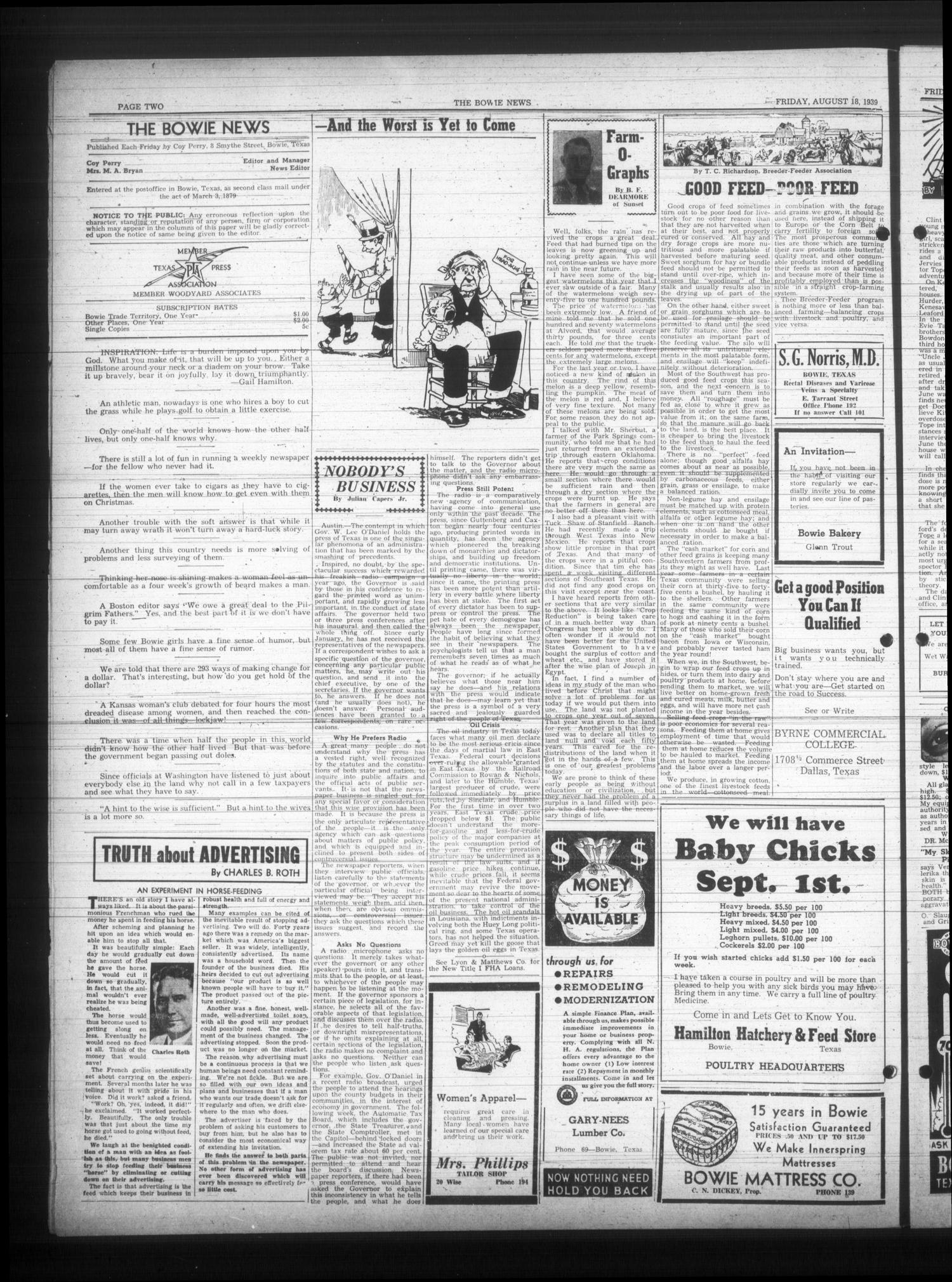 The Bowie News (Bowie, Tex.), Vol. 18, No. 24, Ed. 1 Friday, August 18, 1939
                                                
                                                    [Sequence #]: 2 of 8
                                                