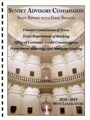 Primary view of object titled 'Sunset Commission Staff Report with Final Results: Finance Agencies'.