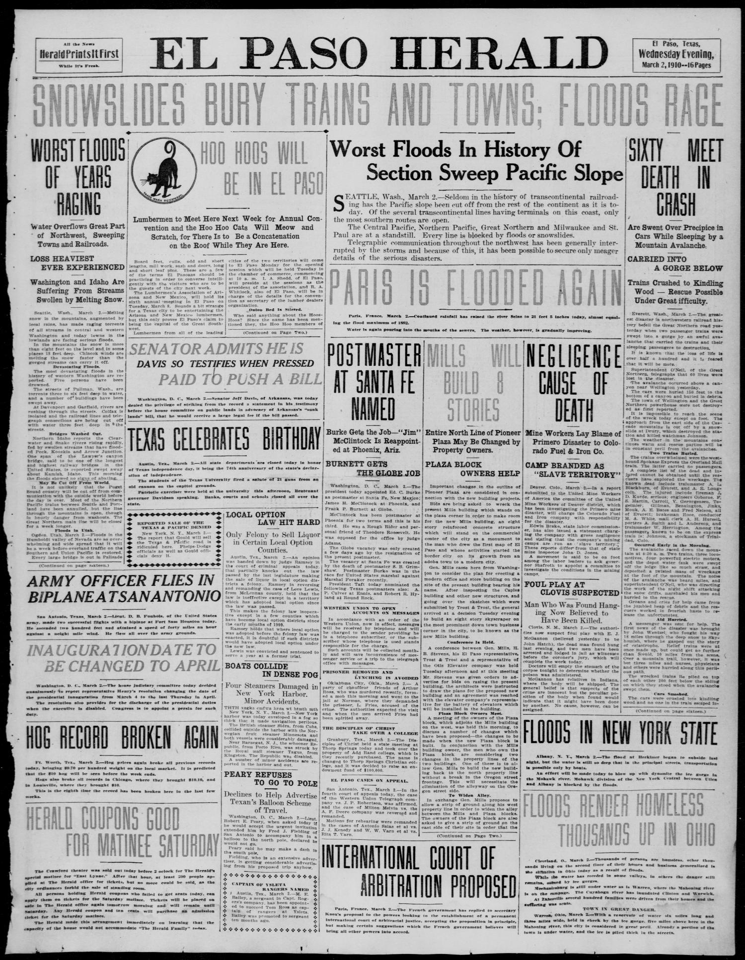 El Paso Herald El Paso Tex Ed 1 Wednesday March 2 1910 The Portal To Texas History