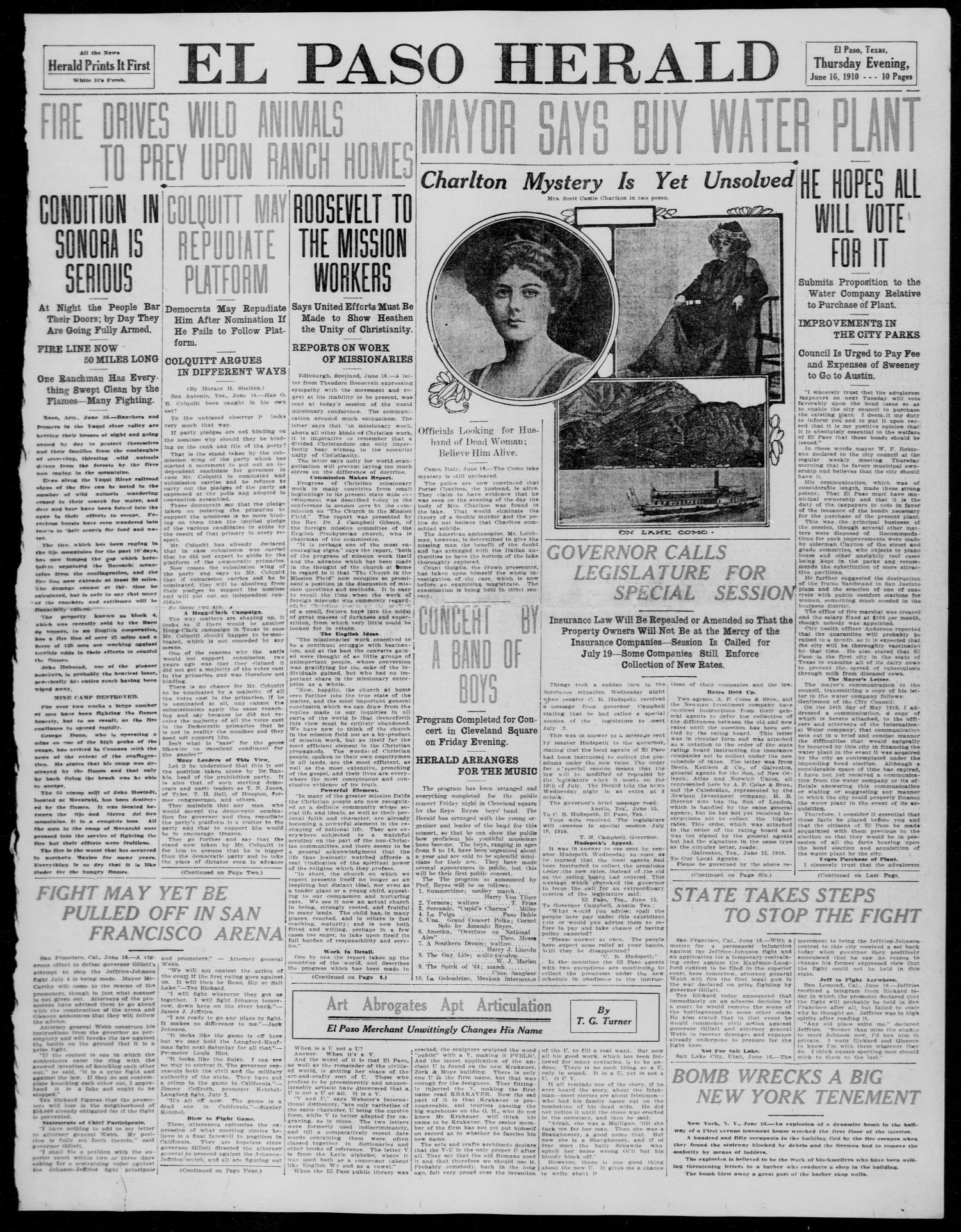 El Paso Herald (El Paso, Tex.), Ed. 1, Thursday, June 16, 1910
                                                
                                                    [Sequence #]: 1 of 10
                                                
