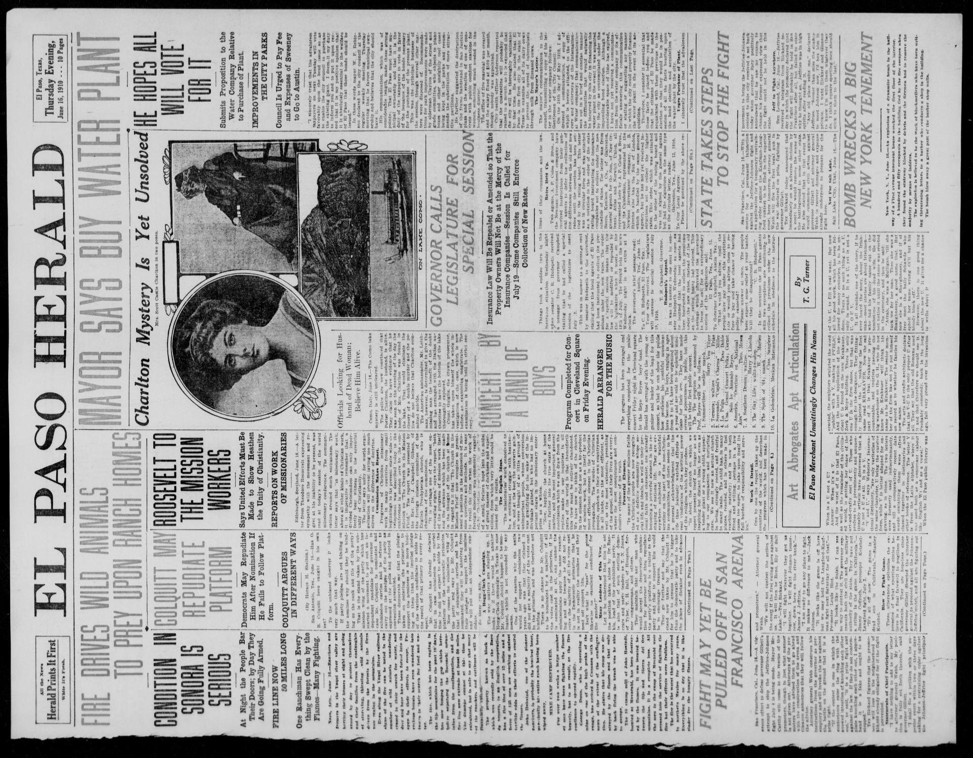 El Paso Herald (El Paso, Tex.), Ed. 1, Thursday, June 16, 1910
                                                
                                                    [Sequence #]: 1 of 10
                                                