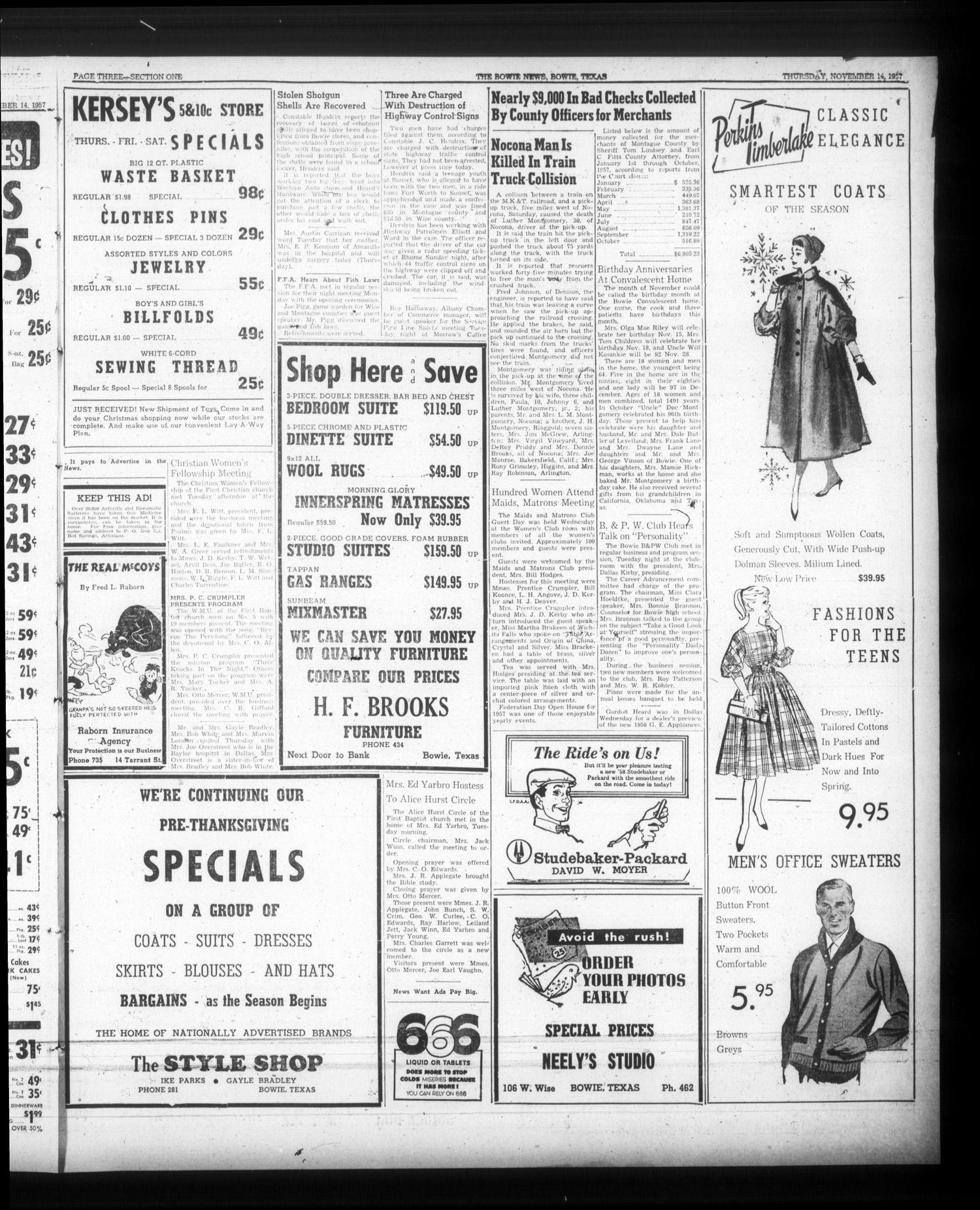 The Bowie News (Bowie, Tex.), Vol. 36, No. 35, Ed. 1 Thursday, November 14, 1957
                                                
                                                    [Sequence #]: 3 of 12
                                                