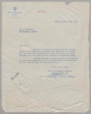 [Letter from Hotel Excelsior to Mr. H. Kempner, March 27, 1952]