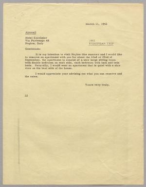 [Letter from Daniel W. Kempner to Hotel Excelsior, March 11, 1952]