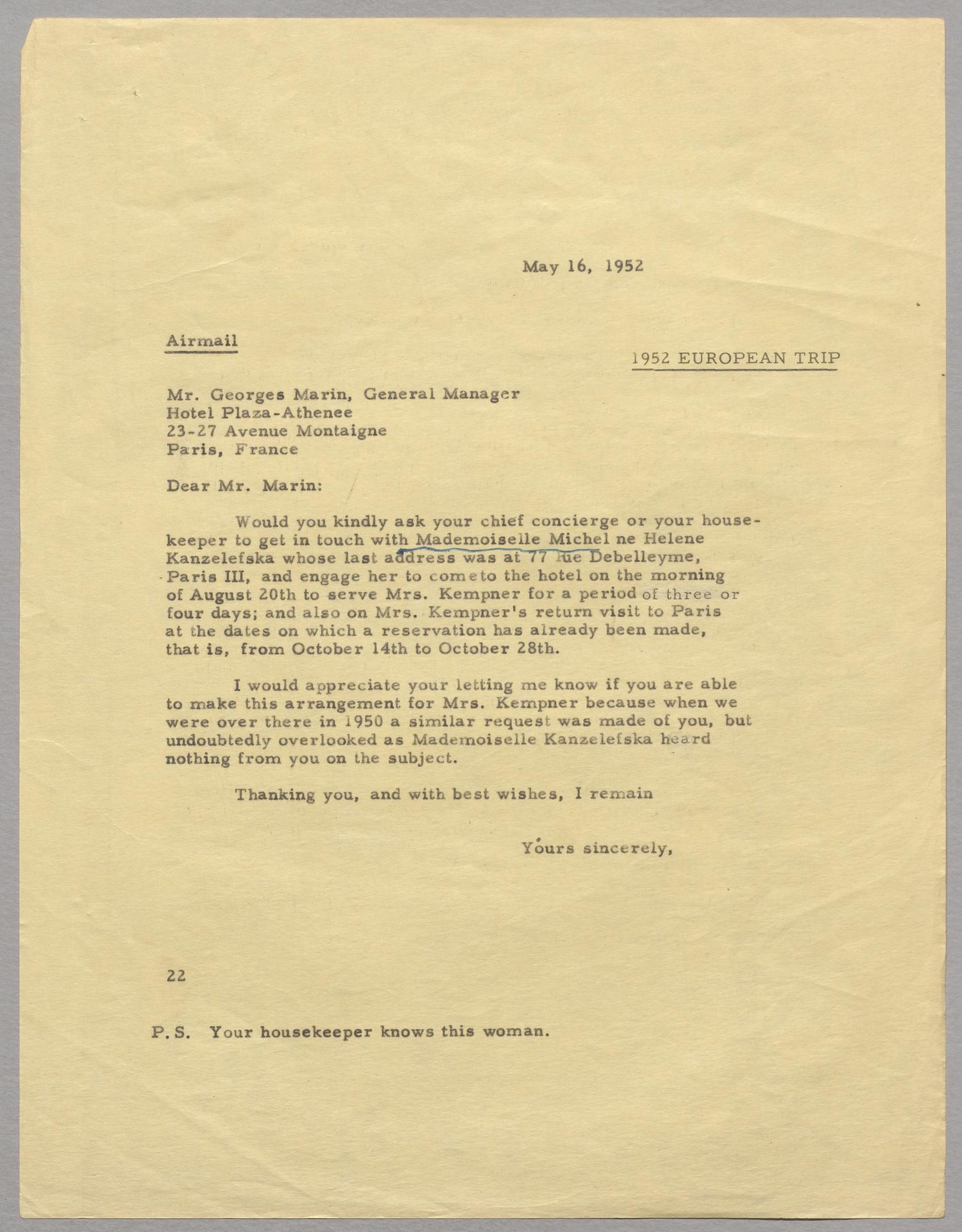 [Letter from D. W. Kempner to Georges Marin, May 16, 1952]
                                                
                                                    [Sequence #]: 1 of 2
                                                