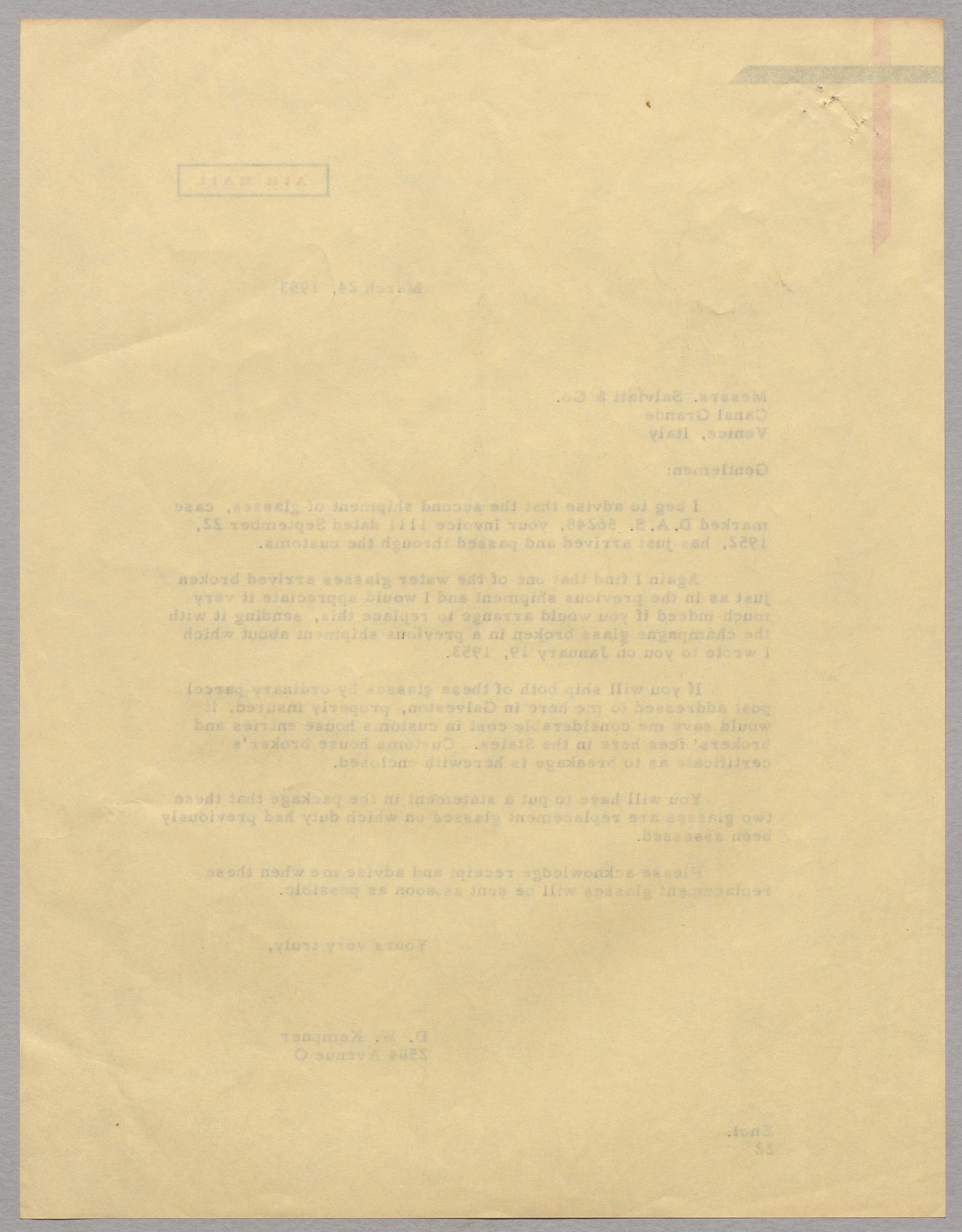 [Letter from D. W. Kempner to Salviati & Co., March 24, 1953]
                                                
                                                    [Sequence #]: 2 of 2
                                                