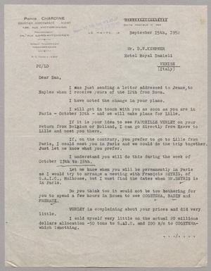 [Letter from Pierre Chardine to Daniel W. Kempner, September 15, 1952]