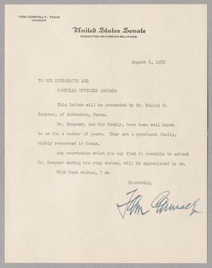 [Letter frrom Tom Connally introducing Daniel W. Kempner, August 6, 1952]