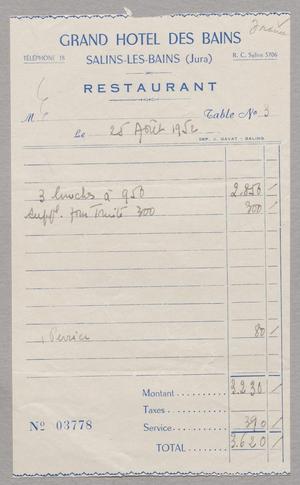 [Invoice for Balance Due to Grand Hotel Des Bains, August 1952]