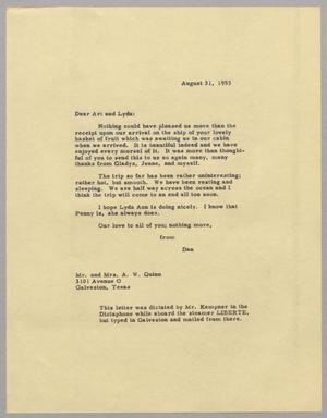 [Letter from D. W. Kempner to Art and Lyda Quinn, August 31, 1953]