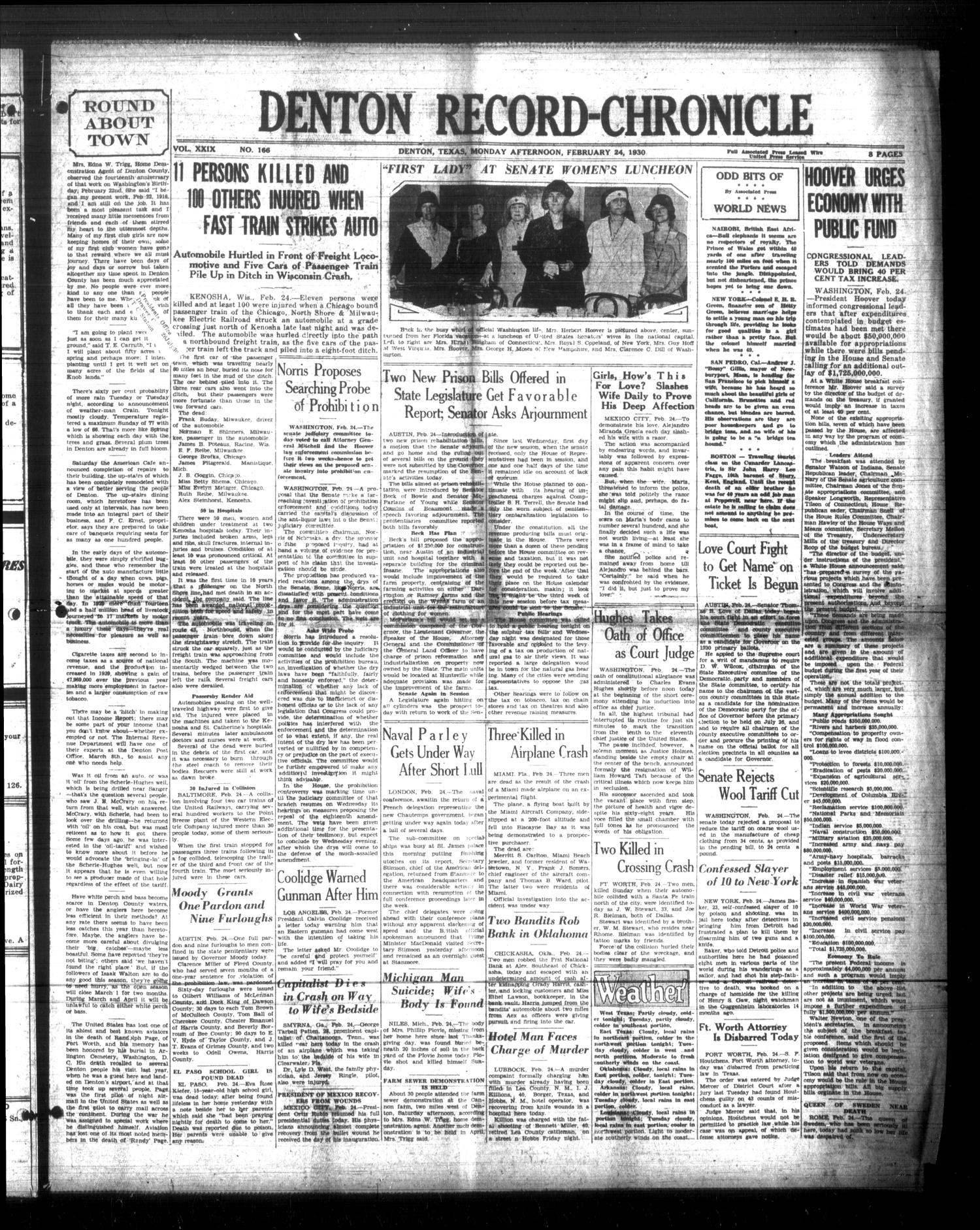 Denton Record-Chronicle (Denton, Tex.), Vol. 29, No. 166, Ed. 1 Monday, February 24, 1930
                                                
                                                    [Sequence #]: 1 of 8
                                                