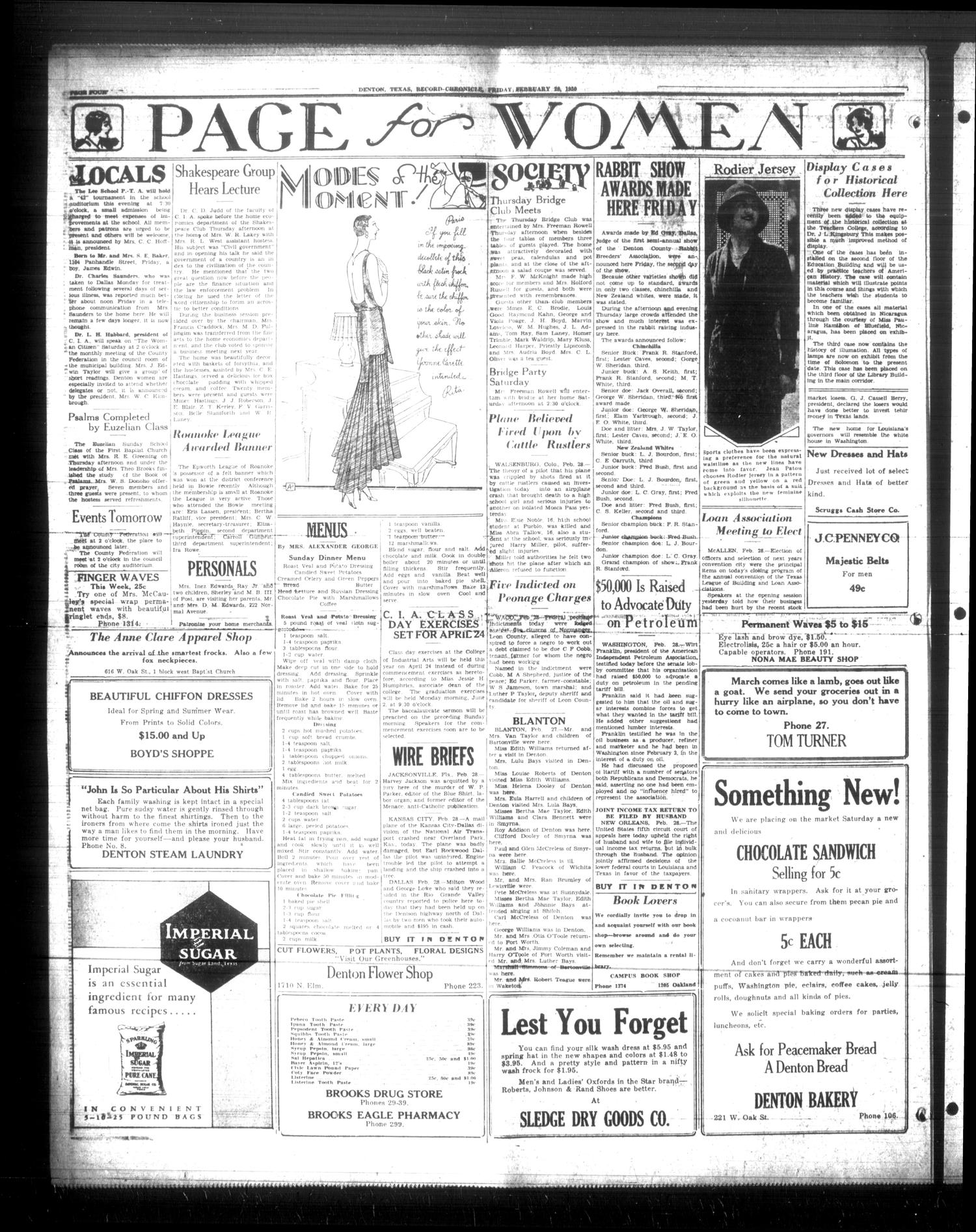 Denton Record-Chronicle (Denton, Tex.), Vol. 29, No. 170, Ed. 1 Friday, February 28, 1930
                                                
                                                    [Sequence #]: 4 of 16
                                                