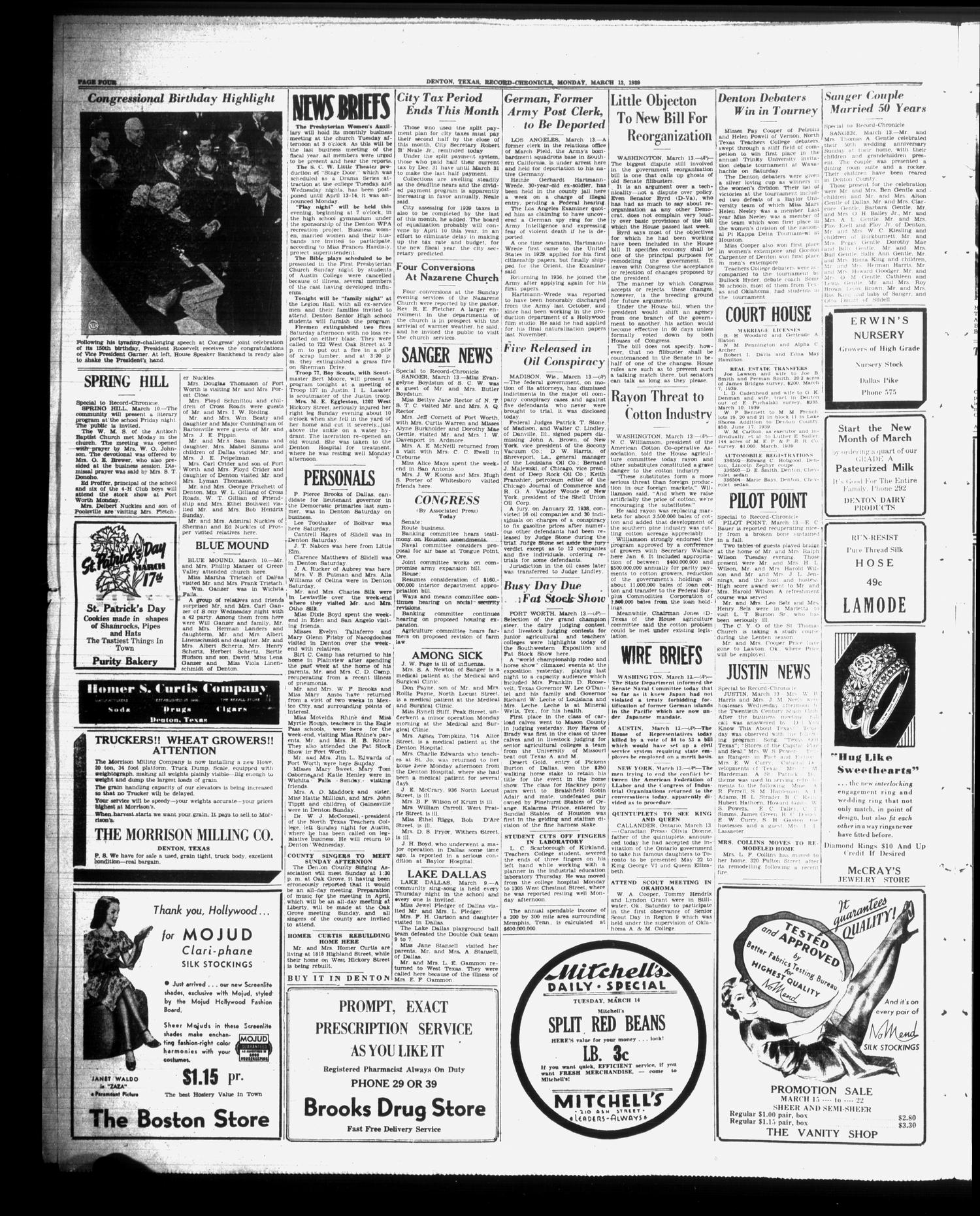 Denton Record-Chronicle (Denton, Tex.), Vol. 38, No. 180, Ed. 1 Monday, March 13, 1939
                                                
                                                    [Sequence #]: 4 of 8
                                                