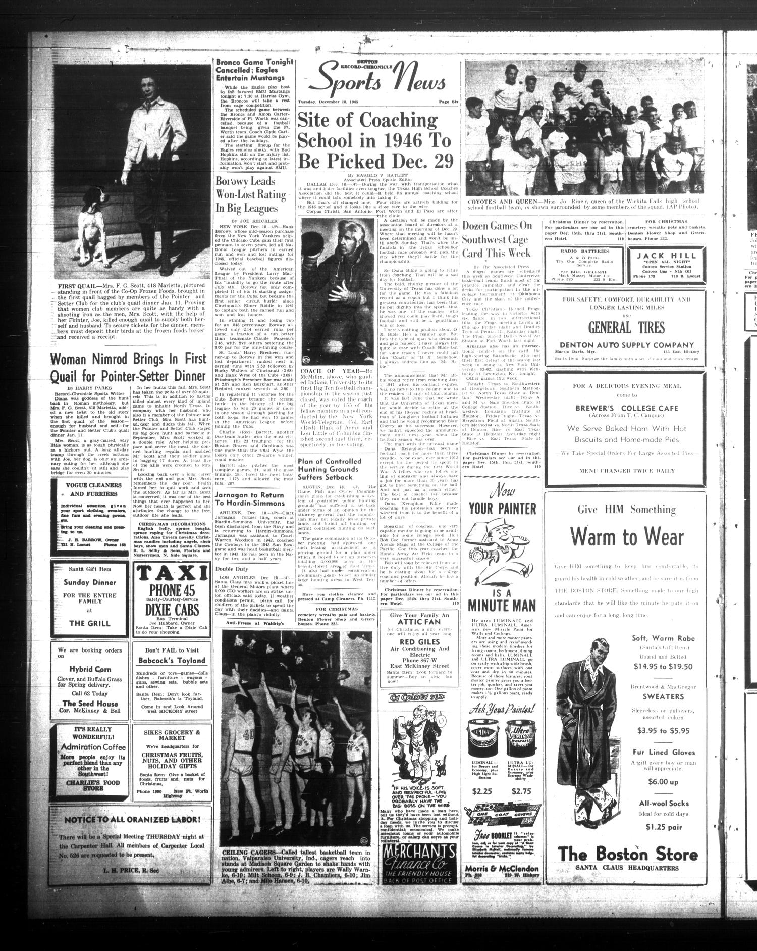 Denton Record-Chronicle (Denton, Tex.), Vol. 43, No. 108, Ed. 1 Tuesday, December 18, 1945
                                                
                                                    [Sequence #]: 6 of 12
                                                