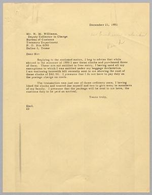 [Letter from Daniel W. Kempner to N. M. Williams, December 21, 1951]
