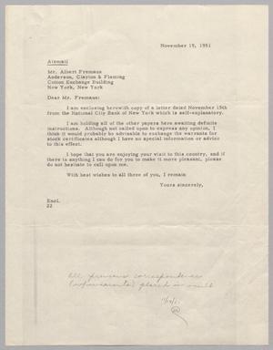 Primary view of object titled '[Letter from Daniel W. Kempner to Albert Fremaux, November 19, 1951]'.