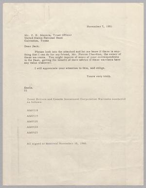 [Letter from Daniel W. Kempner to Jack E. Meyers, November 7, 1951]
