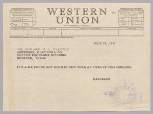 [Telegram from Jeane and Daniel W. Kempner to Mr. and Mrs. W. L. Clayton, July 25, 1951]