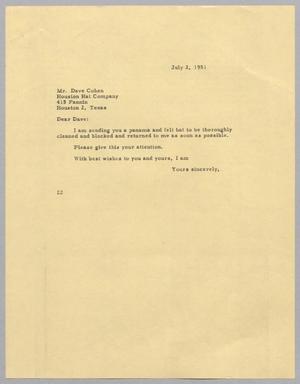 [Letter from Daniel W. Kempner to Houston Hat Company, July 2, 1951]