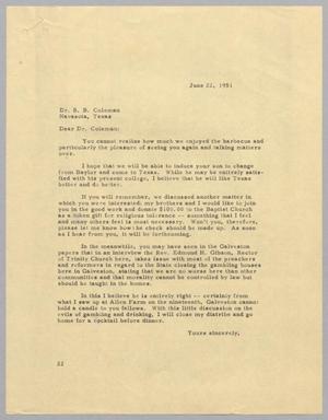 [Letter from Daniel W. Kempner to Dr. S. D. Coleman, June 22, 1951]