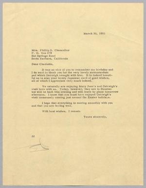 Primary view of object titled '[Letter from Daniel W. Kempner to Charlotte Chancellor, March 30, 1951]'.