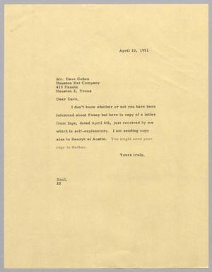 [Letter from Daniel W. Kempner to David Cohen, April 10, 1951]