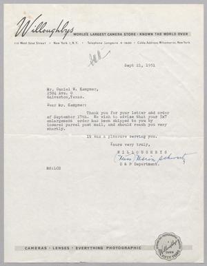 [Letter from Willoughby's D & P Department to D. W. Kempner, September 21, 1951]