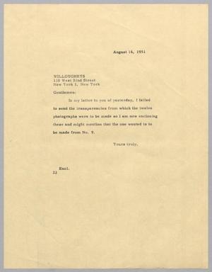 [Letter from Daniel W. Kempner to Willoughby's, August 16, 1951]