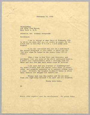 [Letter from Daniel W. Kempner to Willoughby's, February 19, 1951]
