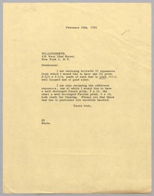 [Letter from Daniel W. Kempner to Willoughby's, February 15, 1951]