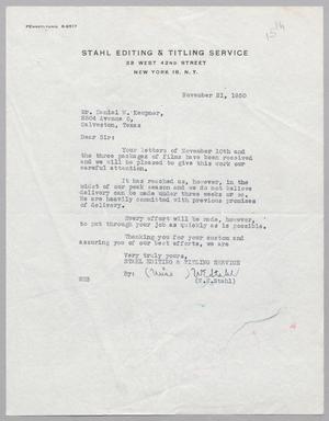 [Letter from Stahl Editing & Titling Service to Daniel W. Kempner, November 21, 1950]