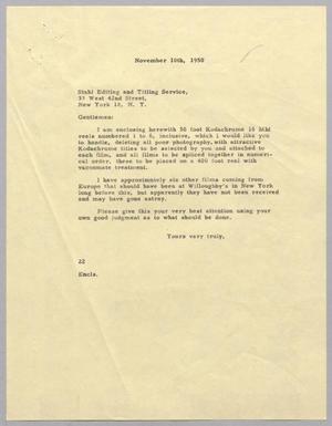 [Letter from Daniel W. Kempner to Stahl Editing & Titling Service, November 10, 1950]