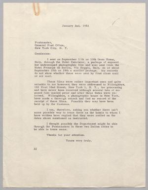 [Letter from Daniel W. Kempner to New York Postmaster, January 2, 1951]
