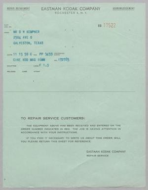 Primary view of object titled '[Repair Department Acknowledgement from the Eastman Kodak Company to D. W. Kempner, November 13, 1950]'.