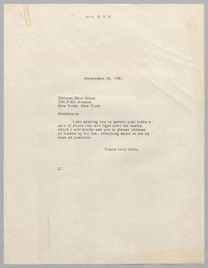 [Letter from Jeane B. Kempner to Delman Shoe Salon, November 16, 1951]