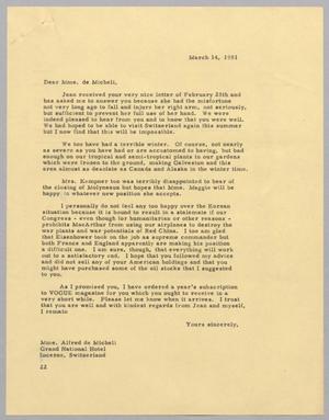 [Letter from Daniel W. Kempner to Mme. Alfred de Micheli, March 14, 1951]