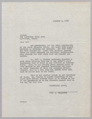[Letter from Paul E. Daugherty to Galveston Daily News, January 4, 1951]