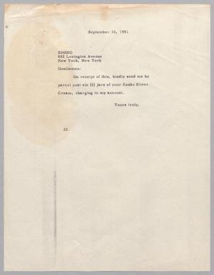 [Letter from Daniel W. Kempner to Ensko, September 10, 1951]