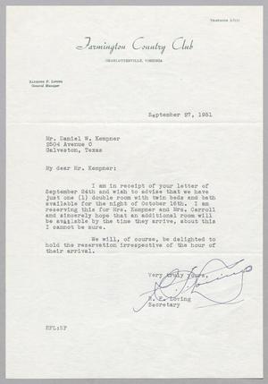 [Letter from Farmington Country Club to Daniel W. Kempner, September 27, 1951]