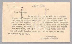 Primary view of object titled '[Letter from Fishburn Cleaners to Jeane Kempner, July 9, 1951]'.