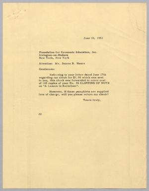 [Letter from Daniel W. Kempner to Foundation for Economic Education, Incorporated, June 30, 1951]