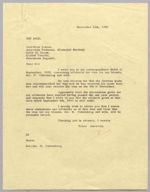 [Letter from Daniel W. Kempner to American Consul, November 14, 1950]