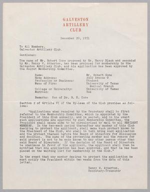[Letter from Galveston Artillery Club, December 20, 1951]