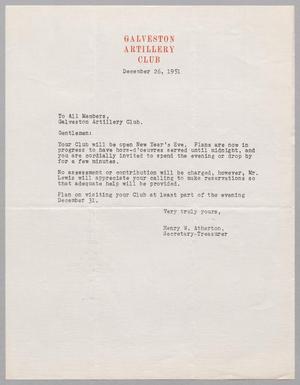 [Letter to Members of Galveston Artillery Club, December 26, 1951]