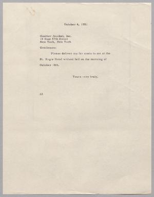[Letter from Daniel W. Kempner to Gunther Jaeckel, Incorporated, October 4, 1951]
